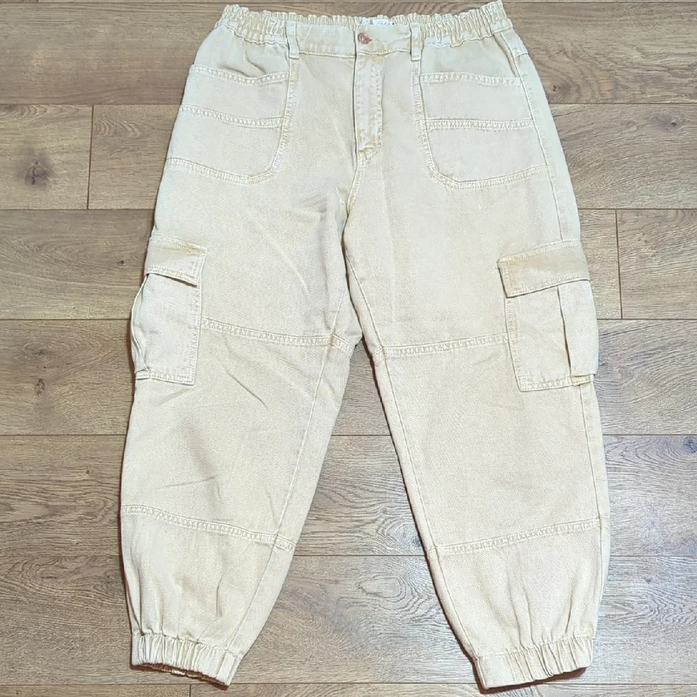 Free People Platoon Cargo Pants Khaki denim joggers jeans L - Picture 2 of 15